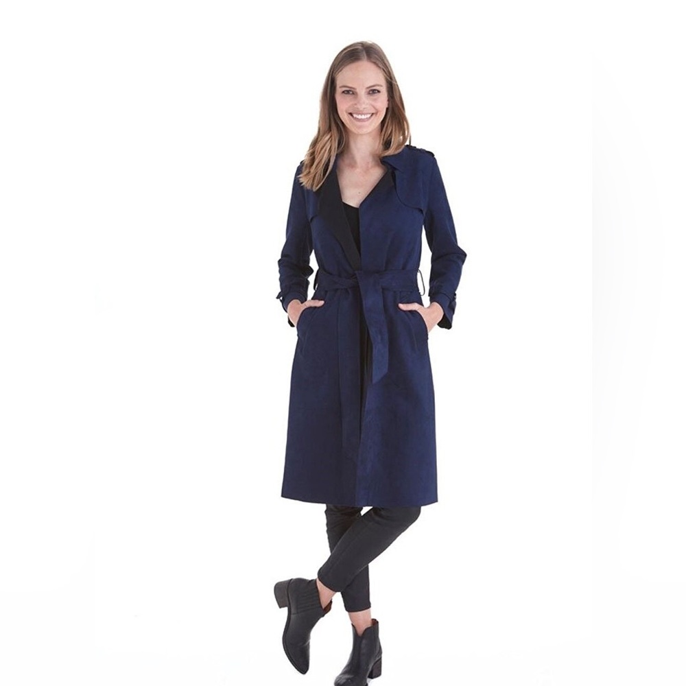 Love token faux suede navy trench coat women’s XS